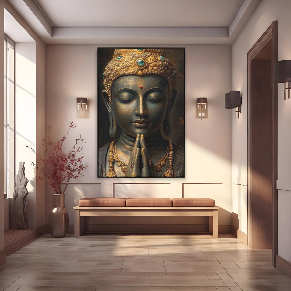 Tablou canvas cu tablou canvas cu buddha in rugaciune, in rama de aluminiu negru
